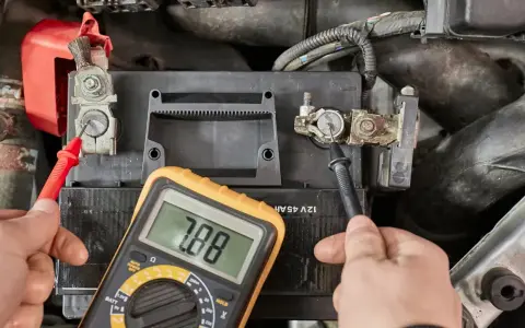 Messung des Batterie ladezustand mit einem Multimeter. Die Anzeige zeigt 7.88 Volt.