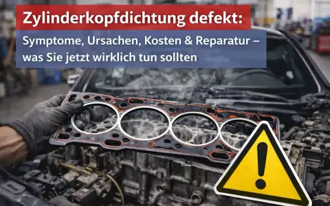 Ein Mechaniker hält eine defekte Zylinderkopfdichtung in der Hand, bereit für den Wechsel. Dampf steigt aus dem Motorraum auf. Warnzeichen signalisiert Handlungsbedarf.