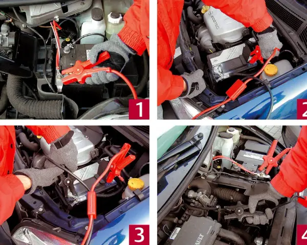 Autobatterie laden: rote Klemmen an Pluspol, schwarze an Minuspol. Starten Sie den Motor, um die Batterie zu laden.