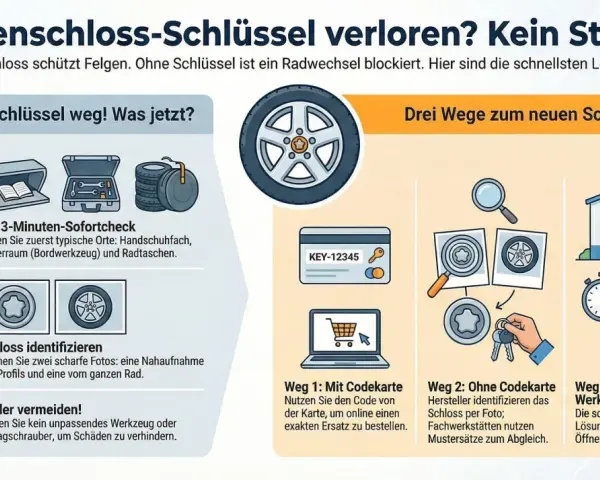 Felgenschloss sinnvoll: Infografik zeigt, wie man bei Schlüsselverlust vorgeht. Drei Wege zum neuen Schlüssel: mit Codekarte, per Foto oder direkt zur Werkstatt.
