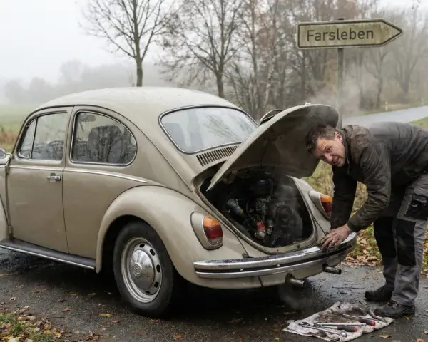 Mann repariert seinen Käfer, der beim Gas geben ruckelt. Werkzeug liegt bereit.