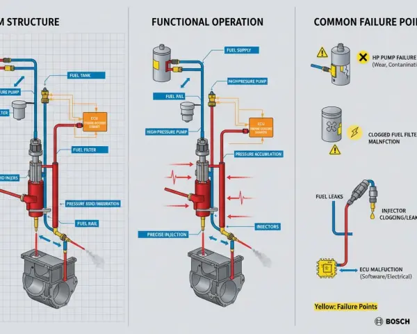 Diagramm erklärt das Common Rail System, seine Funktion und häufige Fehlerquellen wie Pumpenversagen oder verstopfte Filter.