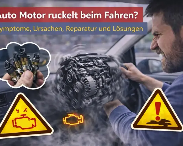 Mann im Auto mit ruckelndem Motor, Zündkerzen und Warnsymbolen. Ursachen für ruckeln beim Anfahren.