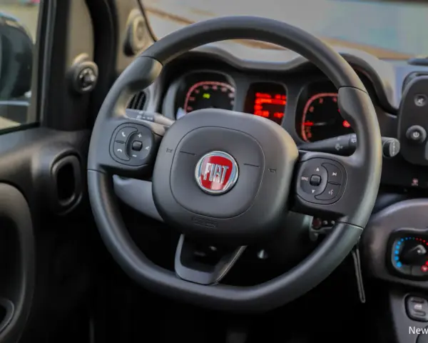 Lenkrad eines Fiat Panda. Die Instrumententafel zeigt rote Warnleuchten, vielleicht für den **Fiat Panda Reifendruck**.