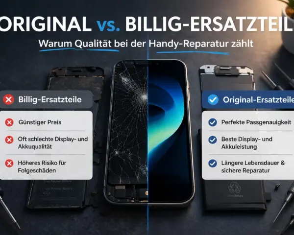 Vergleich von Handy-Ersatzteilen: Billigteile vs. Original-Ersatzteile. Originalteile bieten perfekte Passgenauigkeit, beste Display- und Akkuqualität für sichere Reparaturen.