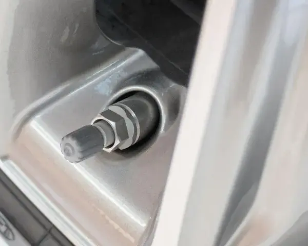 Nahaufnahme eines Autoreifenventils, das undicht zu sein scheint. Der Gummi ist leicht beschädigt.