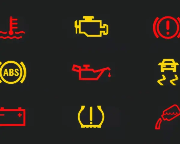 Warnsymbole im Auto: Rote und orangefarbene kontrollleuchten auto orange zeigen Probleme an, z.B. Motor, ABS, Reifen.