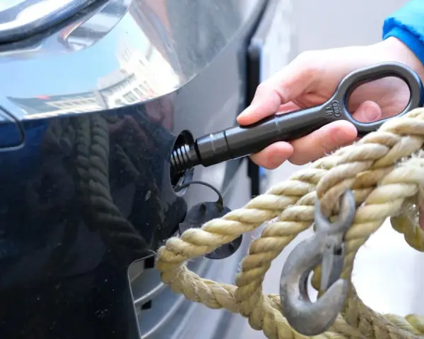 Eine Hand schraubt den Abschlepphaken in das Auto, während eine andere Hand ein dickes Seil mit Haken hält.