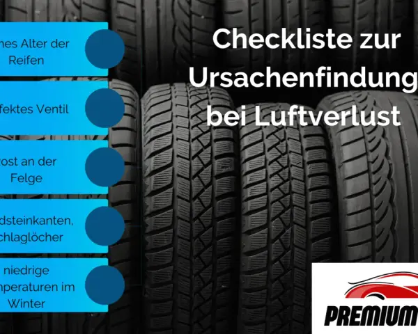 Checkliste: Ursachen für Luftverlust bei Reifen. Gründe sind Alter, defektes Ventil, Felgenrost, Bordsteinkanten, Schlaglöcher und niedrige Wintertemperaturen.