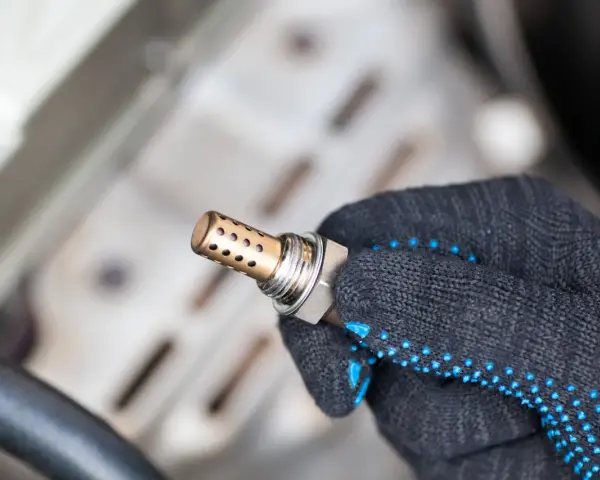 Defekte Lambdasonde als Ursache für die Motorkontrollleuchte. Ein Mechaniker hält das Bauteil in der Hand.