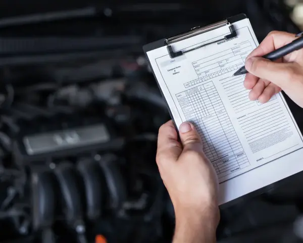 Mechaniker prüft den Motor und füllt ein Formular aus, um die durchsicht auto kosten zu ermitteln.