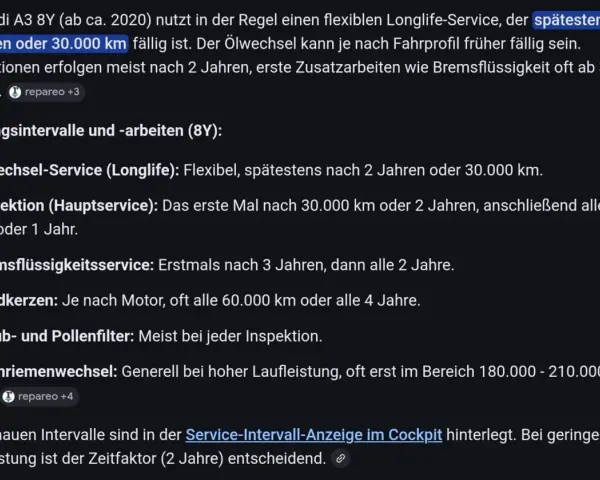 Audi A3 8Y: Wartungsintervalle & Inspektion. Ölwechsel spätestens nach 2 Jahren/30.000 km. Inspektion nach 30.000 km/2 Jahren. Zeitfaktor (2 Jahre) entscheidend.