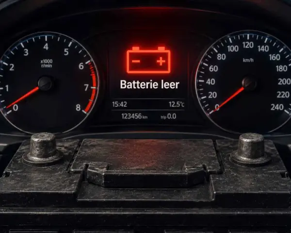 Armaturenbrett mit leerer Batterie-Warnleuchte. Zeit, die EFB Batterie laden.