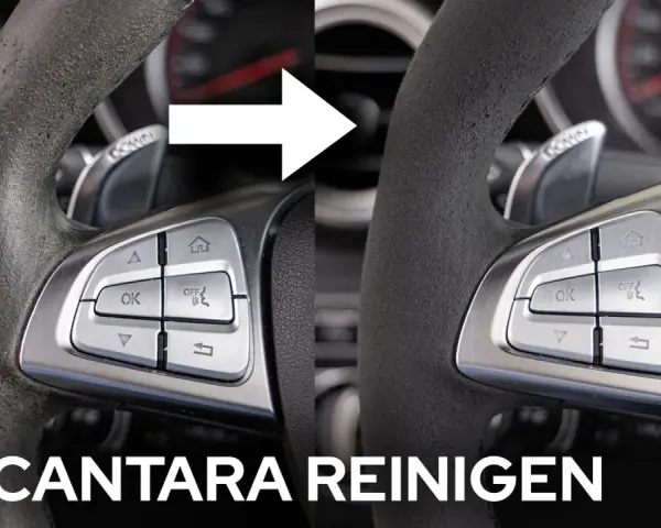 Vorher-Nachher-Vergleich: Ein schmutziges Alcantara Lenkrad wird wieder sauber.