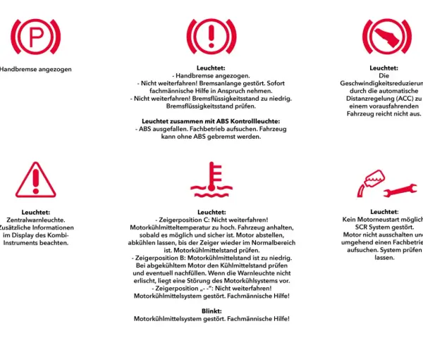 Warnleuchten im Auto: Handbremse, Bremsflüssigkeit, ACC, Kühlmittel, SCR-System. ESC Auto-Funktion wird hier nicht direkt gezeigt, aber die Warnleuchten deuten auf mögliche Probleme hin.