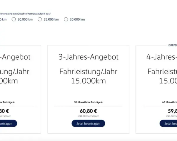 Angebote für VW Wartungsvertrag: 2, 3 oder 4 Jahre Laufzeit mit 15.000 km/Jahr. Günstigster Preis für 4 Jahre.