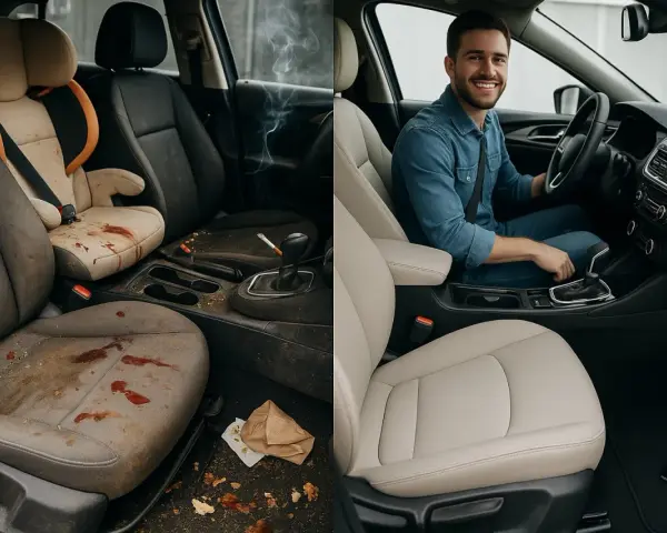 Vorher/Nachher: Ein schmutziger Autoinnenraum mit Kindersitz und Zigarette wird zu einem makellosen, sauberen Fahrzeug. Informieren Sie sich über die Kosten für Autositze reinigen.
