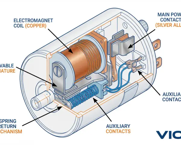 Schnittzeichnung des Aufbaus eines Anlassers mit Elektromagnetspule, beweglichem Anker, Hauptkontakten und Hilfskontakten.