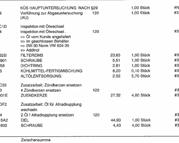 Rechnung für VW: Hauptuntersuchung, Ölwechsel, Zündkerzen und mehr. Die Kosten der Inspektion für Ihren VW sind detailliert aufgeführt.