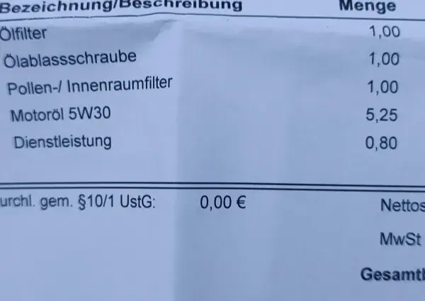 Rechnung für BMW Reparatur: Ölfilter, Öl, Dienstleistung. Gesamtkosten 303,26 €.
