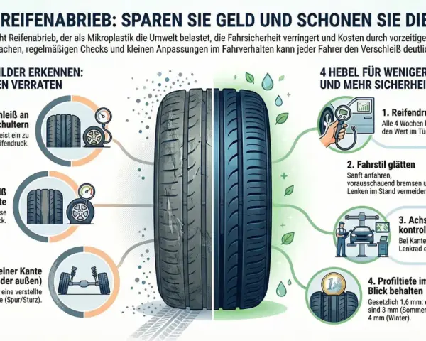 Grafik zeigt Reifenverschleiß: zu niedriger Druck an den Schultern, zu hoher in der Mitte, Achsgeometrie prüfen. So misst man die felgenbreite und spart Geld.