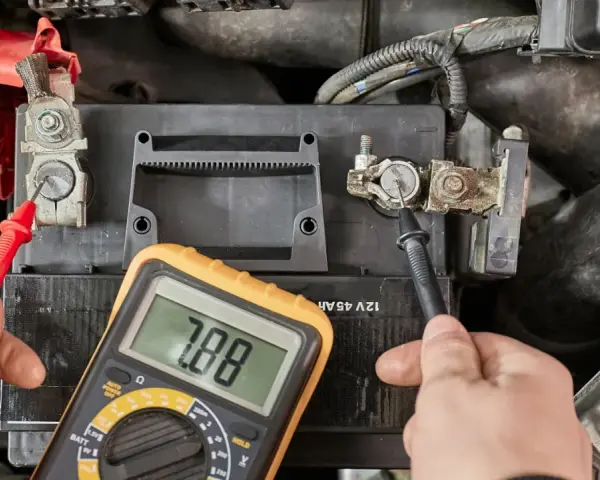Messung des Batterie ladezustand mit einem Multimeter. Die Anzeige zeigt 7.88 Volt.