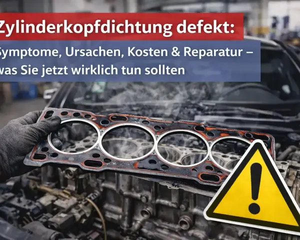 Ein Mechaniker hält eine defekte Zylinderkopfdichtung in der Hand, bereit für den Wechsel. Dampf steigt aus dem Motorraum auf. Warnzeichen signalisiert Handlungsbedarf.