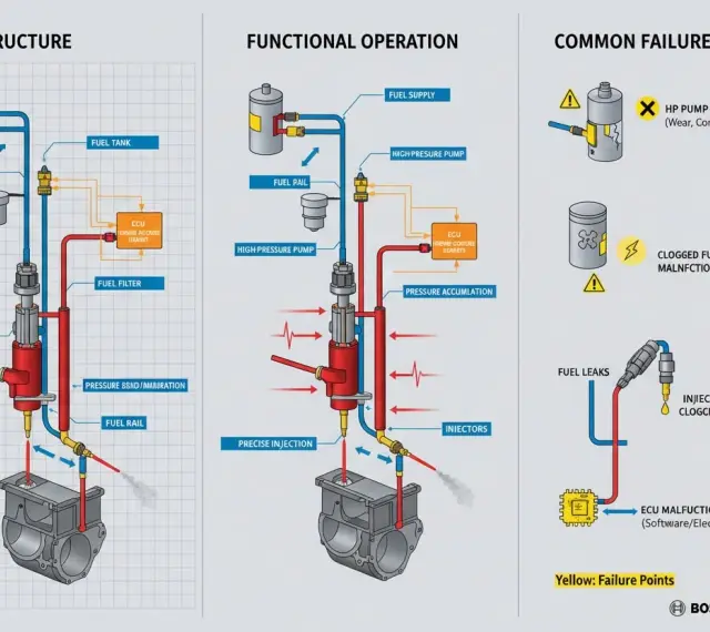 Diagramm erklärt das Common Rail System, seine Funktion und häufige Fehlerquellen wie Pumpenversagen oder verstopfte Filter.