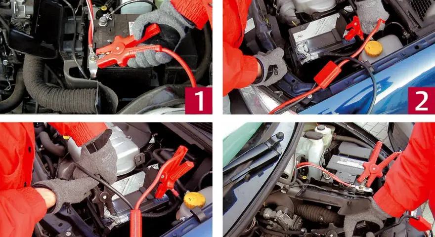 Autobatterie laden: rote Klemmen an Pluspol, schwarze an Minuspol. Starten Sie den Motor, um die Batterie zu laden.
