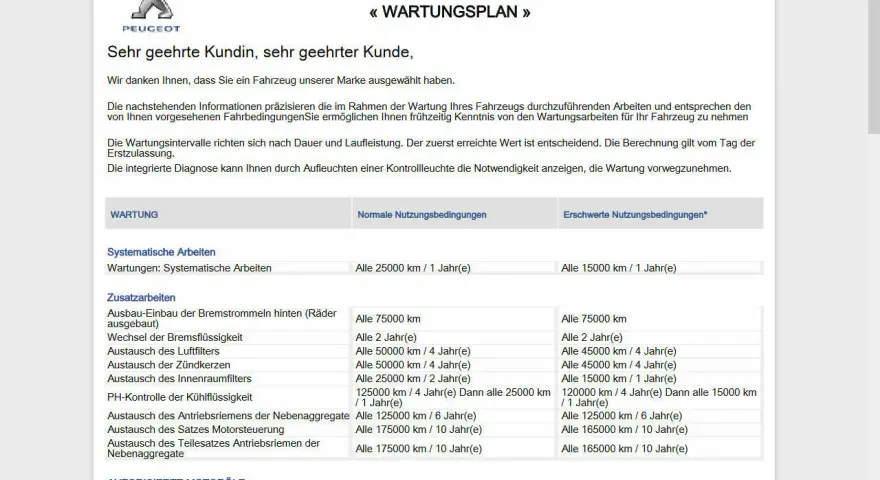 Peugeot Wartungsplan mit Intervallen für normale und erschwerte Bedingungen. Enthält systematische und zusätzliche Arbeiten.