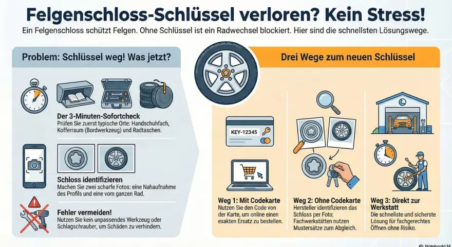 Felgenschloss sinnvoll: Infografik zeigt, wie man bei Schlüsselverlust vorgeht. Drei Wege zum neuen Schlüssel: mit Codekarte, per Foto oder direkt zur Werkstatt.