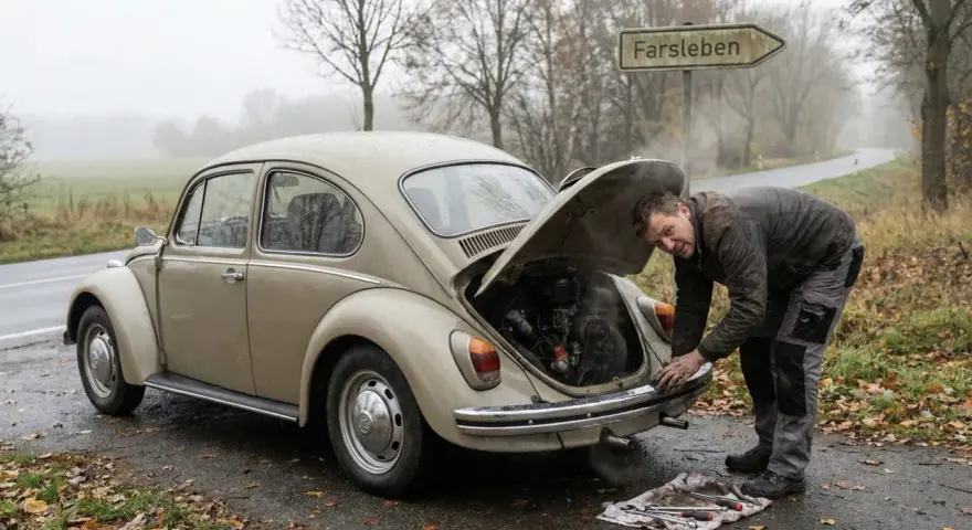 Mann repariert seinen Käfer, der beim Gas geben ruckelt. Werkzeug liegt bereit.