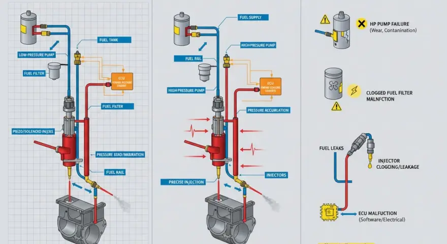 Diagramm erklärt das Common Rail System, seine Funktion und häufige Fehlerquellen wie Pumpenversagen oder verstopfte Filter.