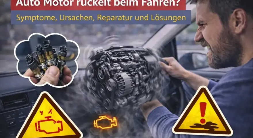 Mann im Auto mit ruckelndem Motor, Zündkerzen und Warnsymbolen. Ursachen für ruckeln beim Anfahren.