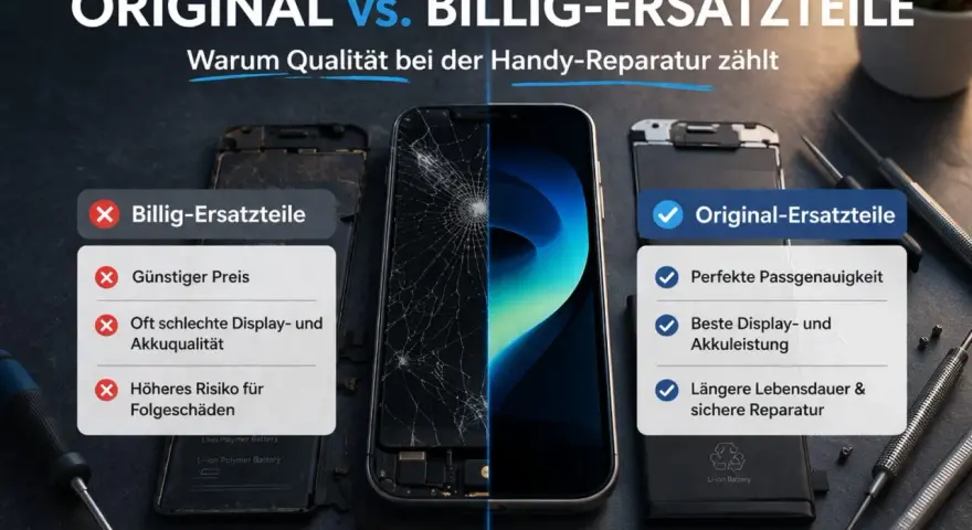 Vergleich von Handy-Ersatzteilen: Billigteile vs. Original-Ersatzteile. Originalteile bieten perfekte Passgenauigkeit, beste Display- und Akkuqualität für sichere Reparaturen.