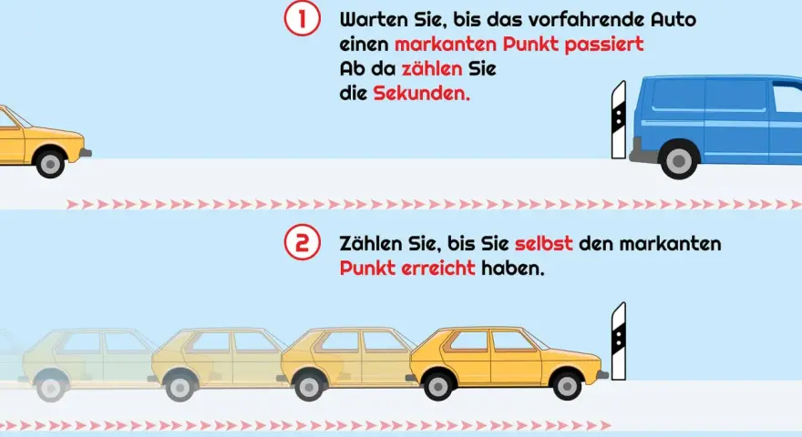 Illustration zeigt, wie man mit der 2-Sekunden-Regel den Abstand zum vorausfahrenden Auto misst, um sicher zu fahren. Kein Auto aufbocken.