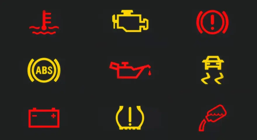 Warnsymbole im Auto: Rote und orangefarbene kontrollleuchten auto orange zeigen Probleme an, z.B. Motor, ABS, Reifen.