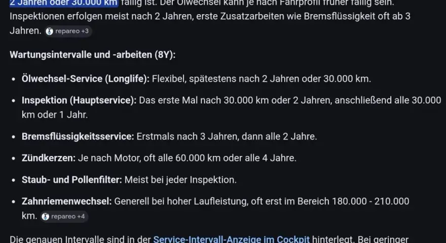 Audi A3 8Y: Wartungsintervalle & Inspektion. Ölwechsel spätestens nach 2 Jahren/30.000 km. Inspektion nach 30.000 km/2 Jahren. Zeitfaktor (2 Jahre) entscheidend.