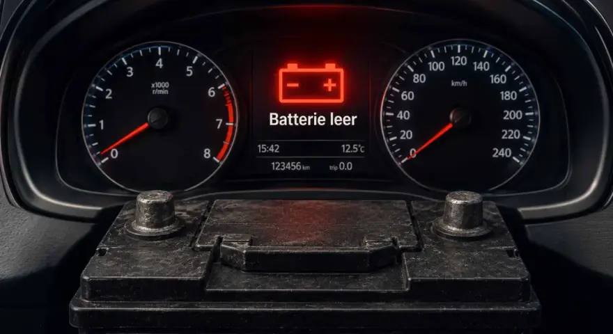 Armaturenbrett mit leerer Batterie-Warnleuchte. Zeit, die EFB Batterie laden.