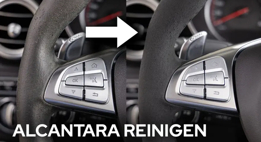Vorher-Nachher-Vergleich: Ein schmutziges Alcantara Lenkrad wird wieder sauber.