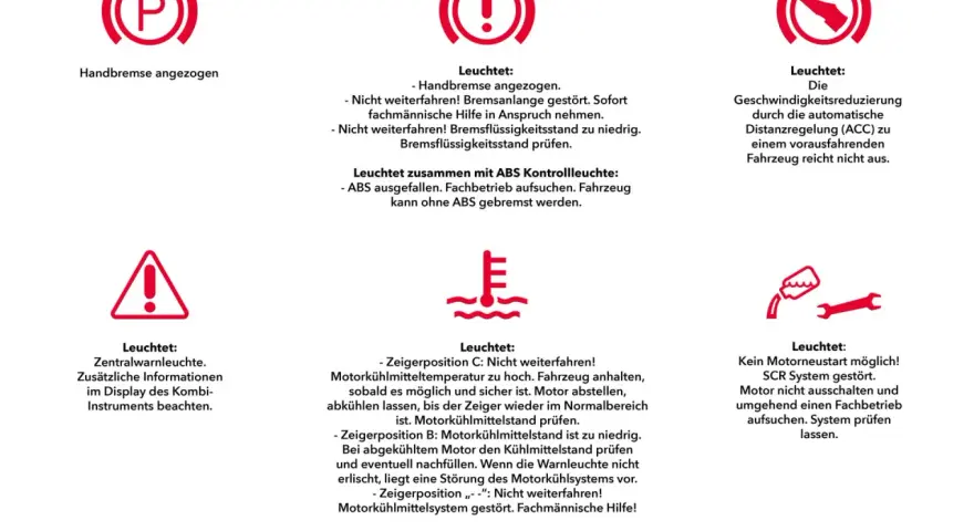 Warnleuchten im Auto: Handbremse, Bremsflüssigkeit, ACC, Kühlmittel, SCR-System. ESC Auto-Funktion wird hier nicht direkt gezeigt, aber die Warnleuchten deuten auf mögliche Probleme hin.