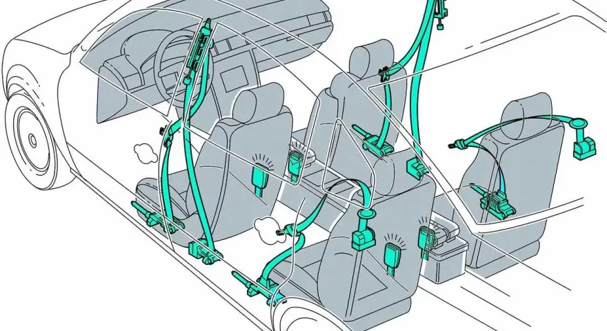 Schema des **sicherheitsgurt aufbau** im Auto. Zeigt die Verankerungspunkte und Umlenkrollen für Front- und Rücksitze.