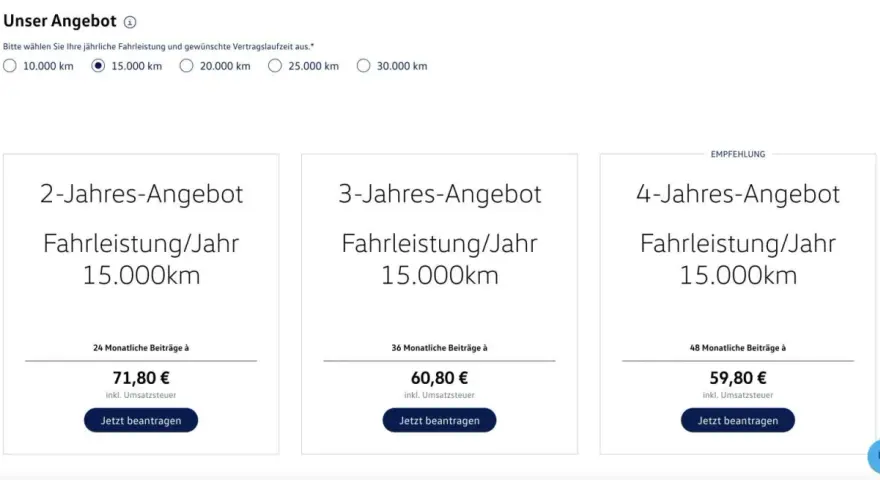 Angebote für VW Wartungsvertrag: 2, 3 oder 4 Jahre Laufzeit mit 15.000 km/Jahr. Günstigster Preis für 4 Jahre.