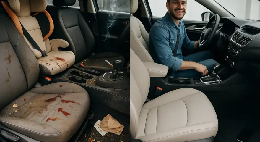 Vorher/Nachher: Ein schmutziger Autoinnenraum mit Kindersitz und Zigarette wird zu einem makellosen, sauberen Fahrzeug. Informieren Sie sich über die Kosten für Autositze reinigen.