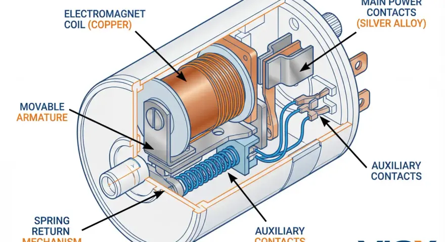 Schnittzeichnung des Aufbaus eines Anlassers mit Elektromagnetspule, beweglichem Anker, Hauptkontakten und Hilfskontakten.