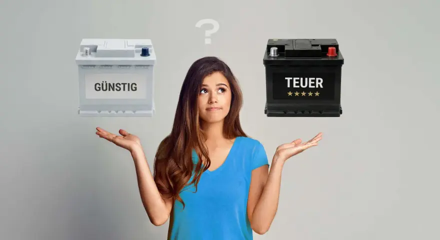 Frau überlegt, ob sie eine günstige oder teure sli batterie wählen soll.