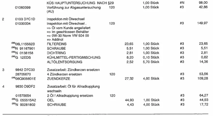 Rechnung für VW: Hauptuntersuchung, Ölwechsel, Zündkerzen und mehr. Die Kosten der Inspektion für Ihren VW sind detailliert aufgeführt.
