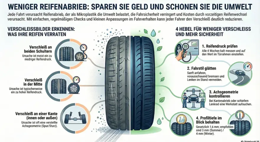 Grafik zeigt Reifenverschleiß: zu niedriger Druck an den Schultern, zu hoher in der Mitte, Achsgeometrie prüfen. So misst man die felgenbreite und spart Geld.