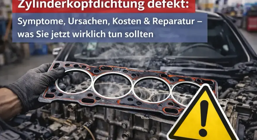 Ein Mechaniker hält eine defekte Zylinderkopfdichtung in der Hand, bereit für den Wechsel. Dampf steigt aus dem Motorraum auf. Warnzeichen signalisiert Handlungsbedarf.