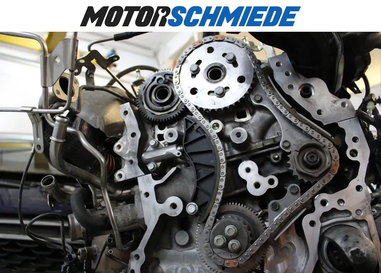 Motorraum mit freigelegter Steuerkette und Zahnrädern. Informieren Sie sich über die steuerkette wechseln kosten bei der Motorsschmiede.